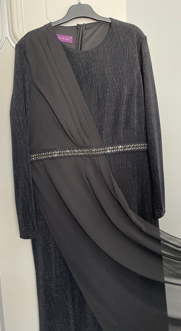 Uzun Kollu Siyah Drapeli Kadın Abiye Elbise - Görsel 5