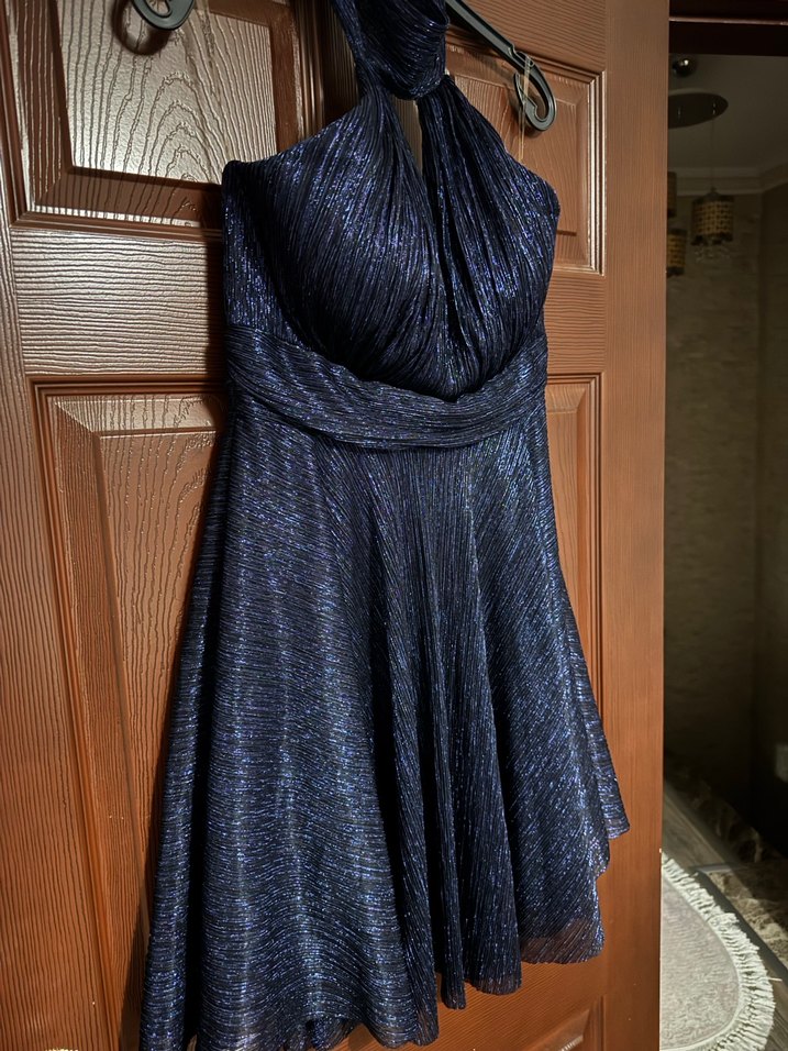 Parlak Lacivert Drapeli Uzun Abiye Elbise - Görsel 4