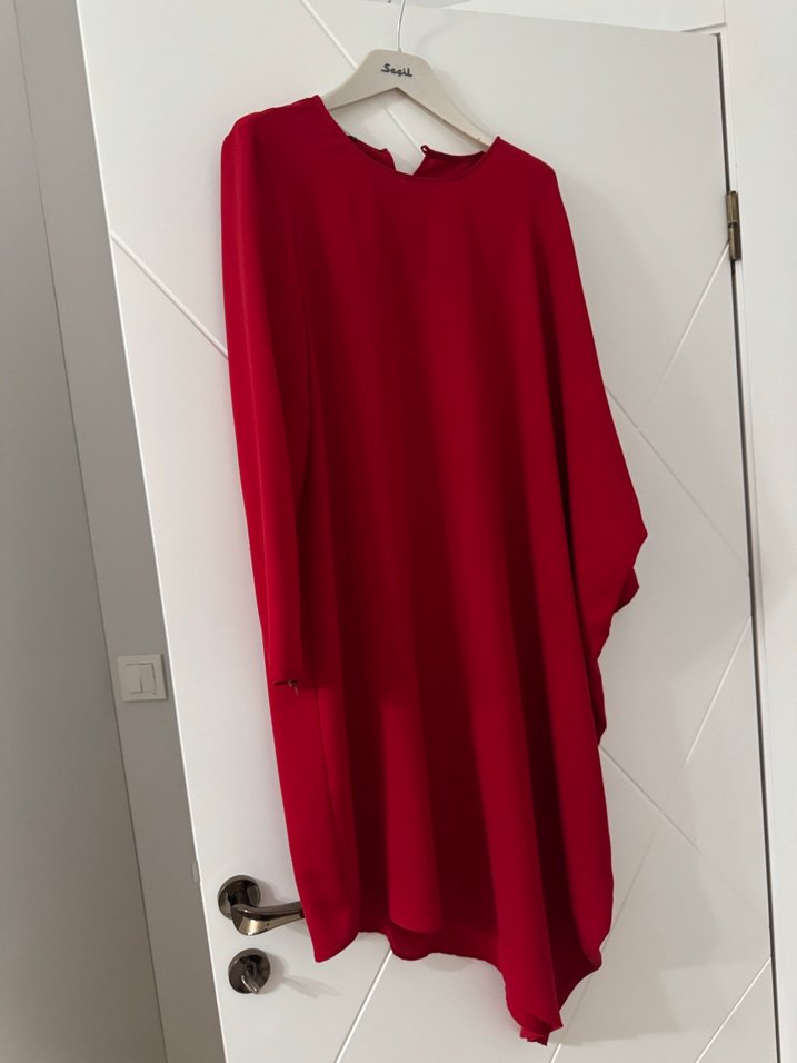 Kırmızı Uzun Kollu Salaş Midi Tunik - Görsel 2