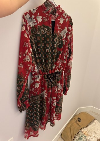 Bordo Bohem Yüksek Yakalı Desenli kısa Elbise - Görsel 2