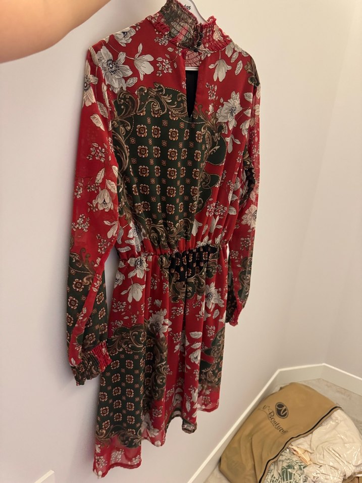 Bordo Bohem Yüksek Yakalı Desenli kısa Elbise - Görsel 2