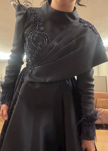 Uzun Kollu Drapeli Lacivert Abiye Elbise - Görsel 8