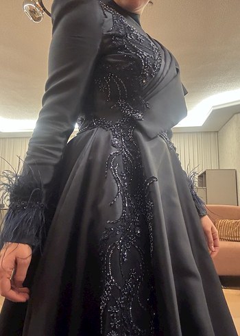 Uzun Kollu Drapeli Lacivert Abiye Elbise - Görsel 9