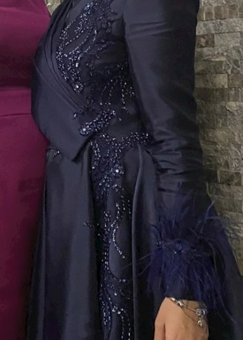 Uzun Kollu Drapeli Lacivert Abiye Elbise - Görsel 2