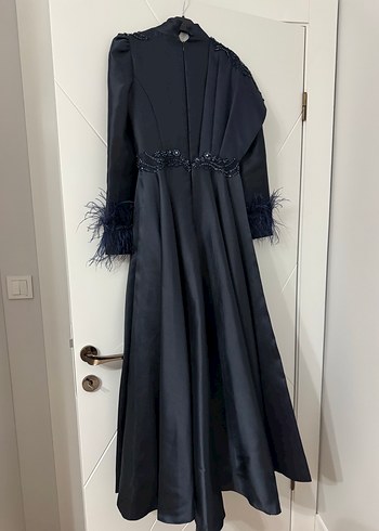 Uzun Kollu Drapeli Lacivert Abiye Elbise - Görsel 4