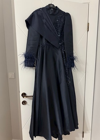 Uzun Kollu Drapeli Lacivert Abiye Elbise - Görsel 3