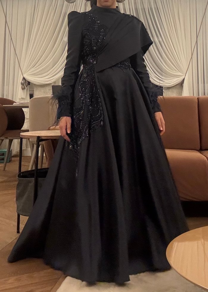 Uzun Kollu Drapeli Lacivert Abiye Elbise - Görsel 5