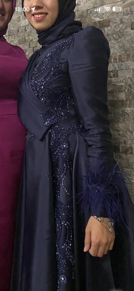 Uzun Kollu Drapeli Lacivert Abiye Elbise - Görsel 2