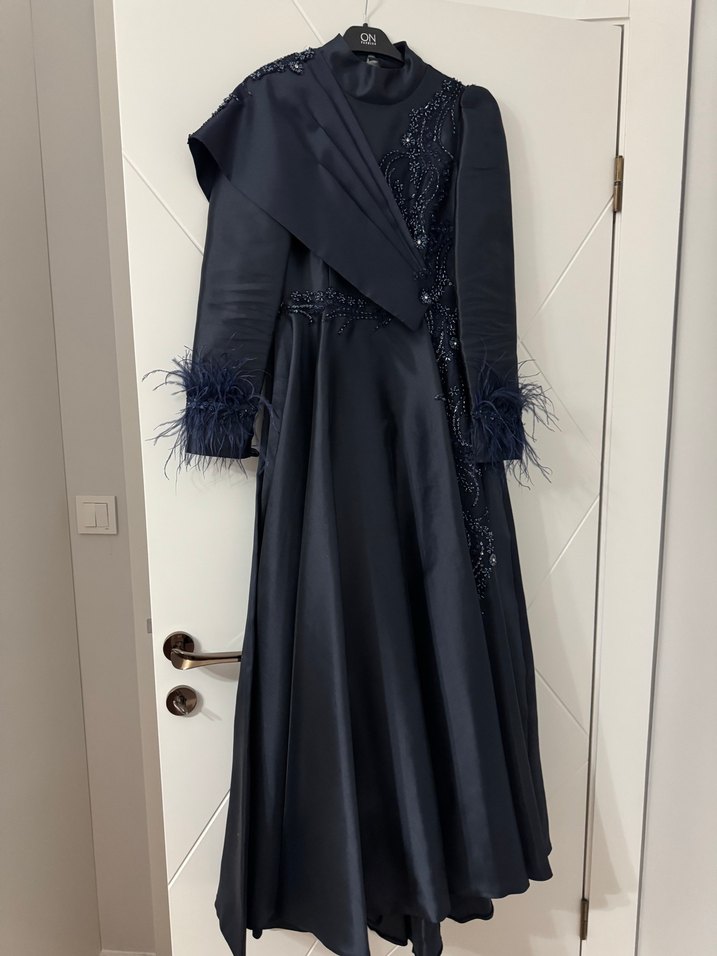 Uzun Kollu Drapeli Lacivert Abiye Elbise - Görsel 3