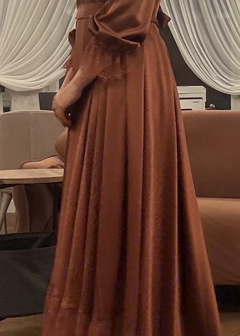 Kahverengi Uzun Kollu Drapeli Kadın Elbise - Görsel 5