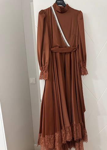 Kahverengi Uzun Kollu Drapeli Kadın Elbise - Görsel 8