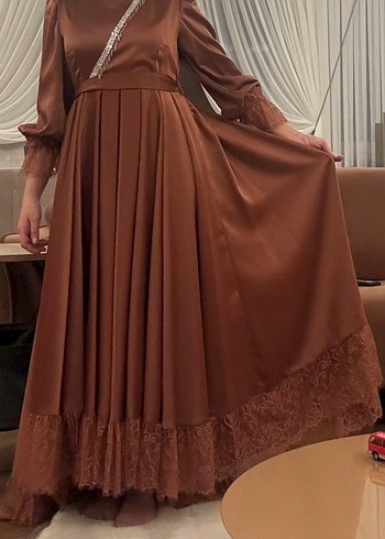 Kahverengi Uzun Kollu Drapeli Kadın Elbise - Görsel 3