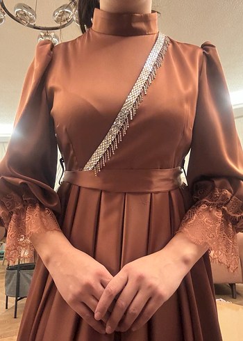 Kahverengi Uzun Kollu Drapeli Kadın Elbise - Görsel 10