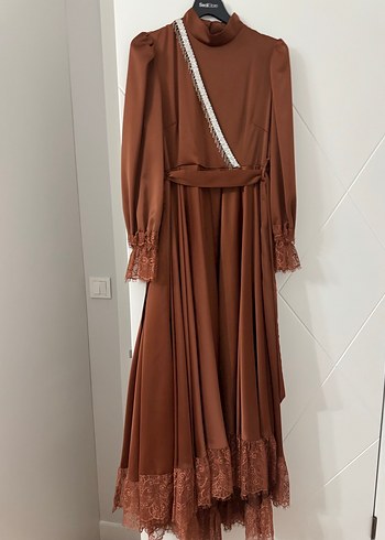 Kahverengi Uzun Kollu Drapeli Kadın Elbise - Görsel 7