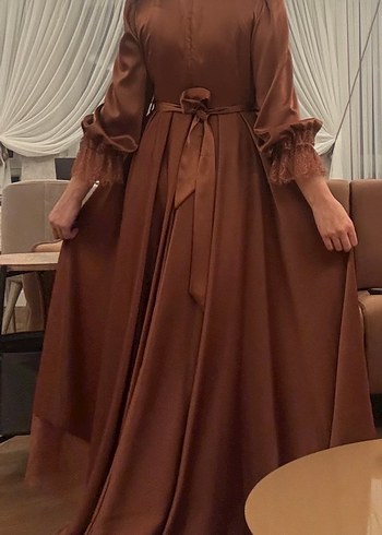 Kahverengi Uzun Kollu Drapeli Kadın Elbise - Görsel 4