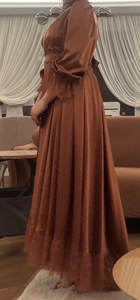 Kahverengi Uzun Kollu Drapeli Kadın Elbise - Görsel 5