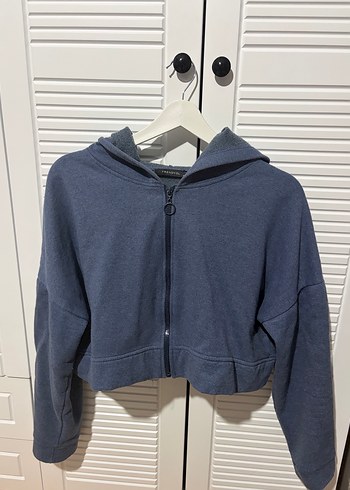 m Beden Fermuarlı Yüksek Yakalı Mavi Sweatshirt