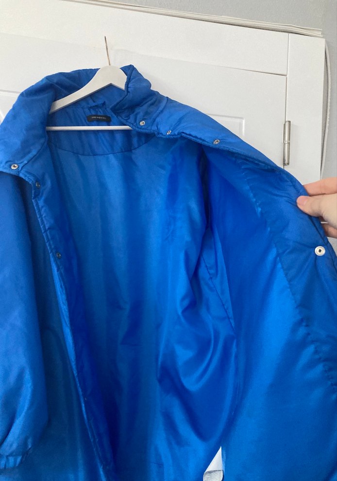 Düğmeli Mavi Kadın Midi Ceket - Görsel 5