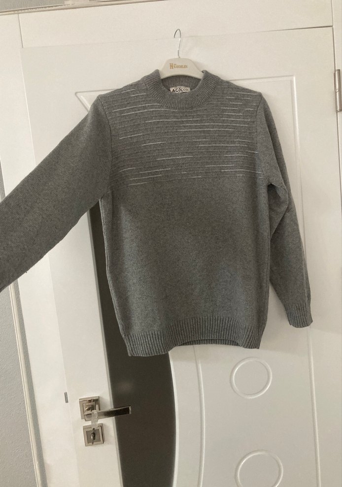 Gri Örgü Yün erkek Kazak - Görsel 2