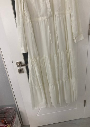 Uzun Beyaz Bohem şifon Elbise - Görsel 3