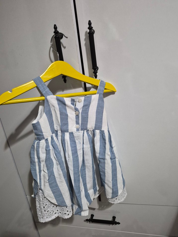 Mavi Beyaz Çizgili Kolsuz Kız Elbisesi panço  12 ay - Görsel 2