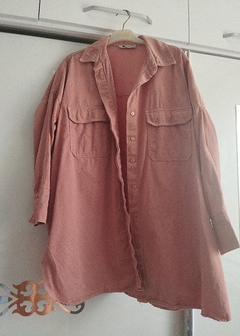 Pembe Kadın Keten Midi Gömlek
