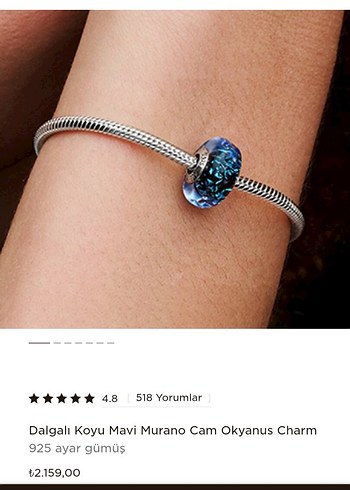 Pandora Dalgali Mavi Murano Cam Okyanus Charm