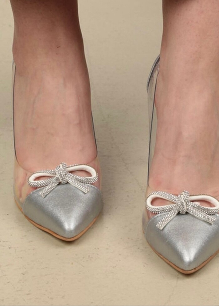 Şeffaf kurdeleli gümüş topuklu ayakkabı - Görsel 5