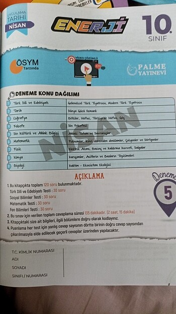 Beden Palme Yayınları 10. Sınıf Deneme