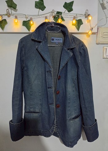 Düğmeli Kadın Denim Ceket, Normal Boy, Gri Mavi