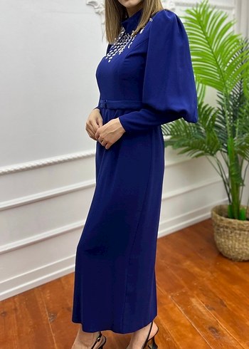 Kadın Lacivert Uzun Kollu Nakışlı Elbise - Görsel 5