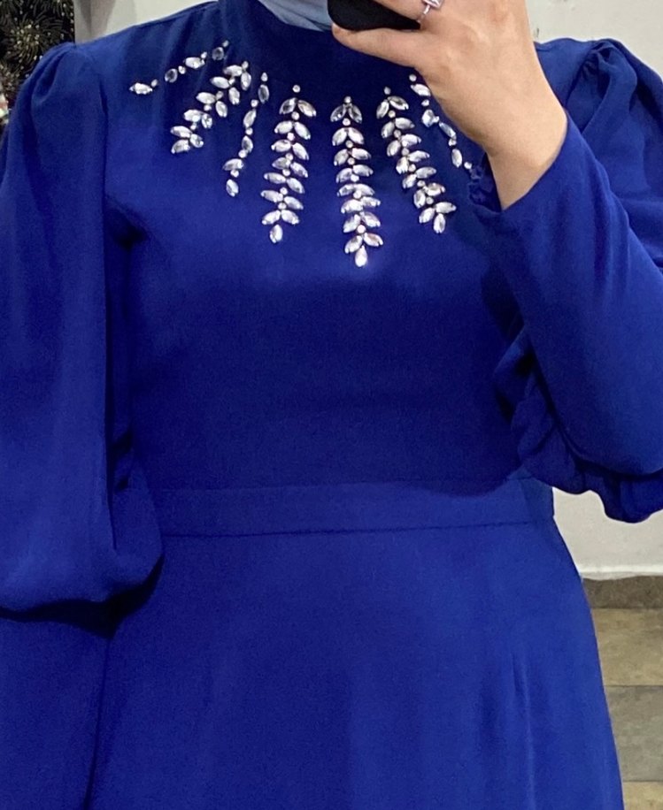 Kadın Lacivert Uzun Kollu Nakışlı Elbise - Görsel 4