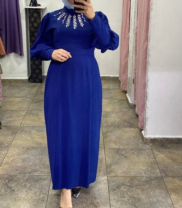 Kadın Lacivert Uzun Kollu Nakışlı Elbise - Görsel 3