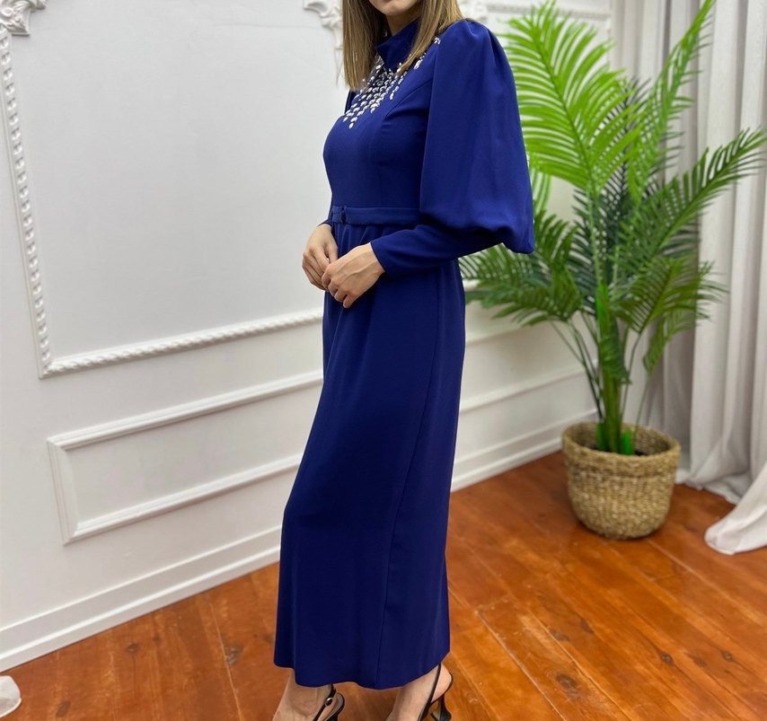 Kadın Lacivert Uzun Kollu Nakışlı Elbise - Görsel 5