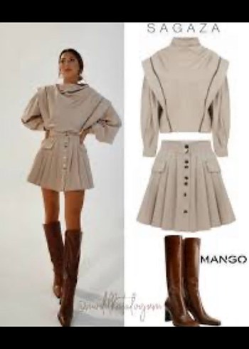 Sagaza Bej Pilili Mini Elbise, Uzun Kollu, Yüksek Yaka - Görsel 2