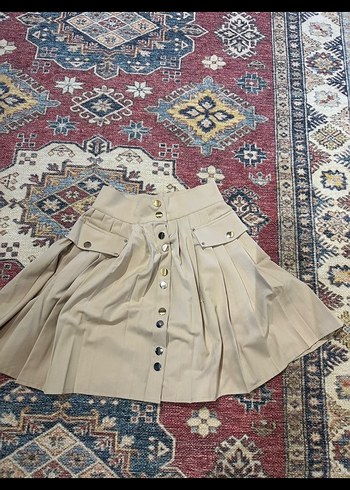 Sagaza Bej Pilili Mini Elbise, Uzun Kollu, Yüksek Yaka - Görsel 6