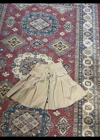 Sagaza Bej Pilili Mini Elbise, Uzun Kollu, Yüksek Yaka - Görsel 3