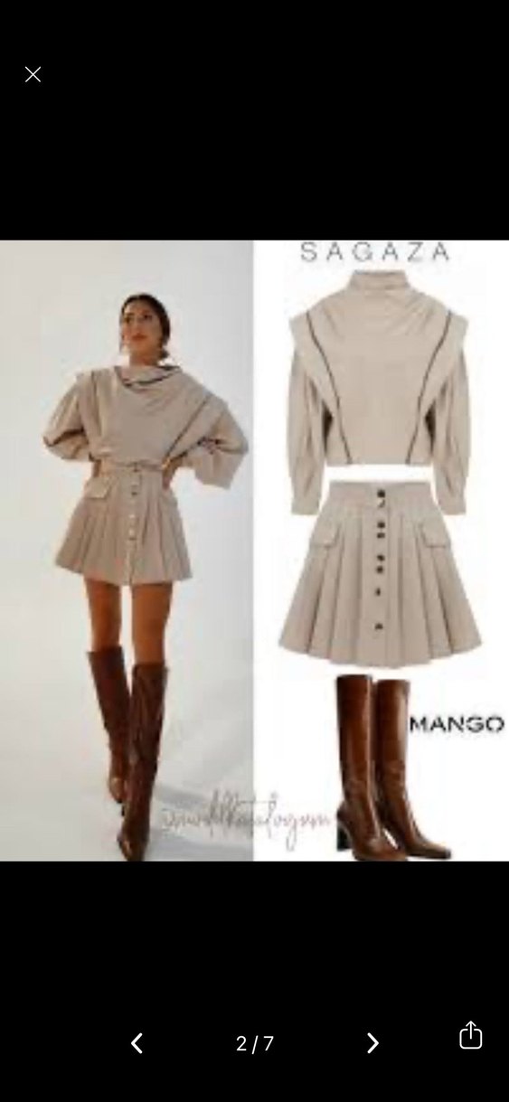 Sagaza Bej Pilili Mini Elbise, Uzun Kollu, Yüksek Yaka - Görsel 2