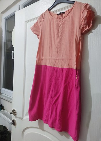Pembe Midi Kadın Elbise, Kısa Kollu, Salaş