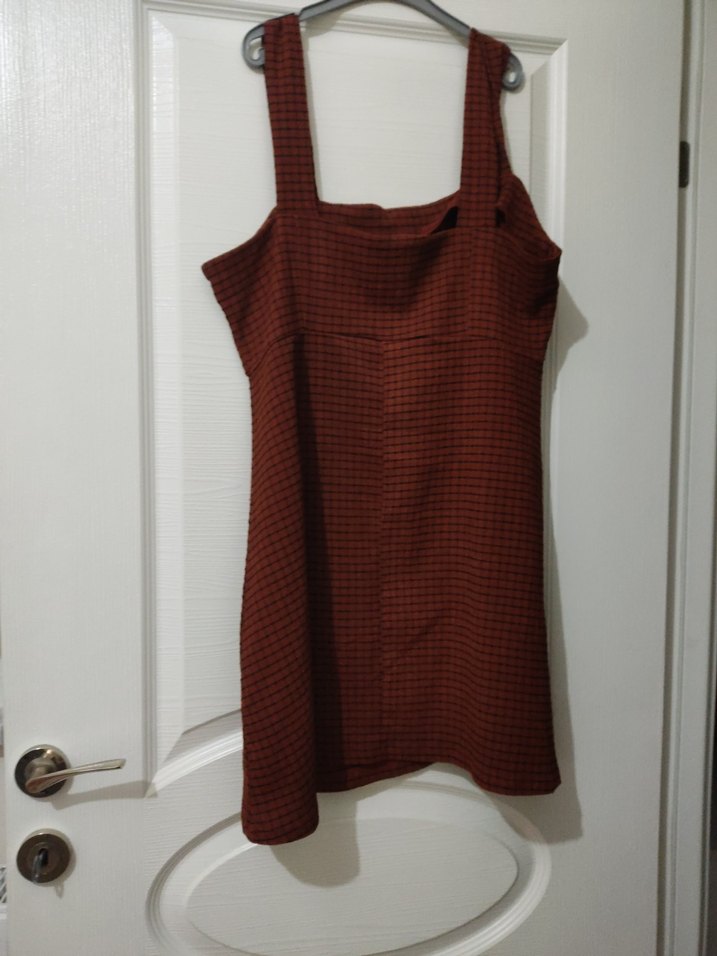 Düğmeli Bordo Ekose Midi Elbise saloped - Görsel 5