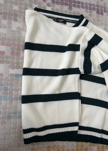 Çizgili Beyaz Gri Örgü Kadın Kazak - Görsel 2