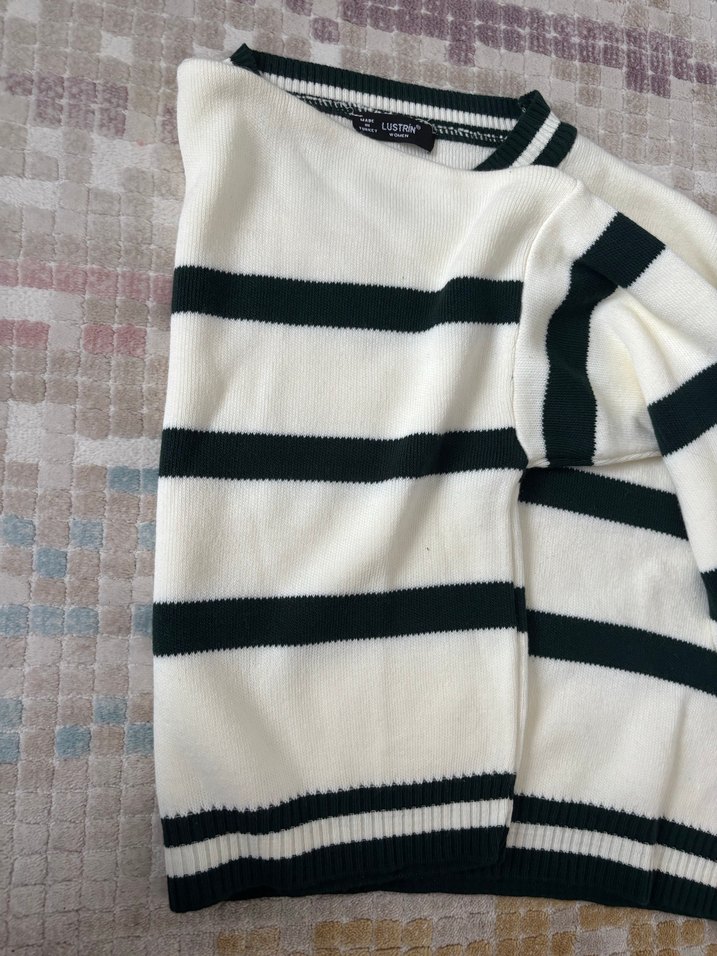 Çizgili Beyaz Gri Örgü Kadın Kazak - Görsel 2