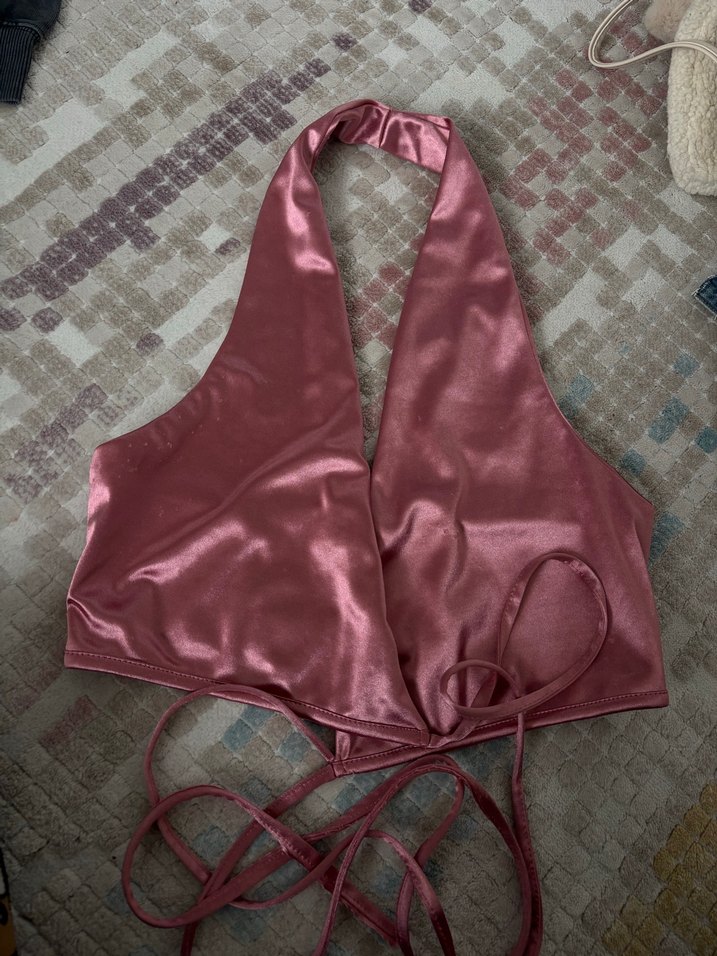 Parlak Pembe İnce Askılı Uzun Kadın bluz - Görsel 2