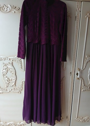 Mor Uzun Kollu Yüksek Yakalı Kadın Elbise - Görsel 2