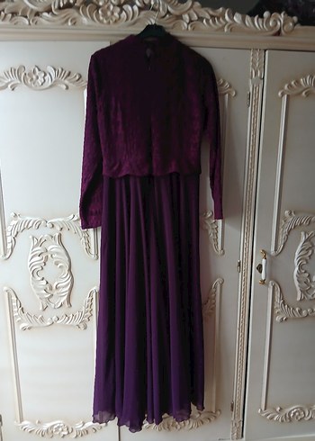 Mor Uzun Kollu Yüksek Yakalı Kadın Elbise - Görsel 4