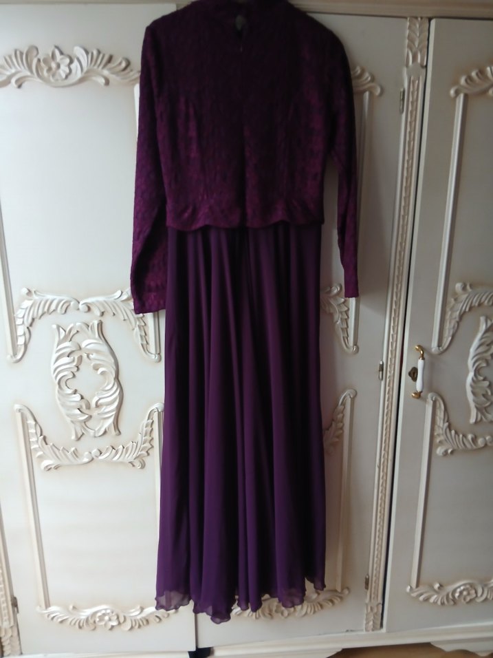 Mor Uzun Kollu Yüksek Yakalı Kadın Elbise - Görsel 3