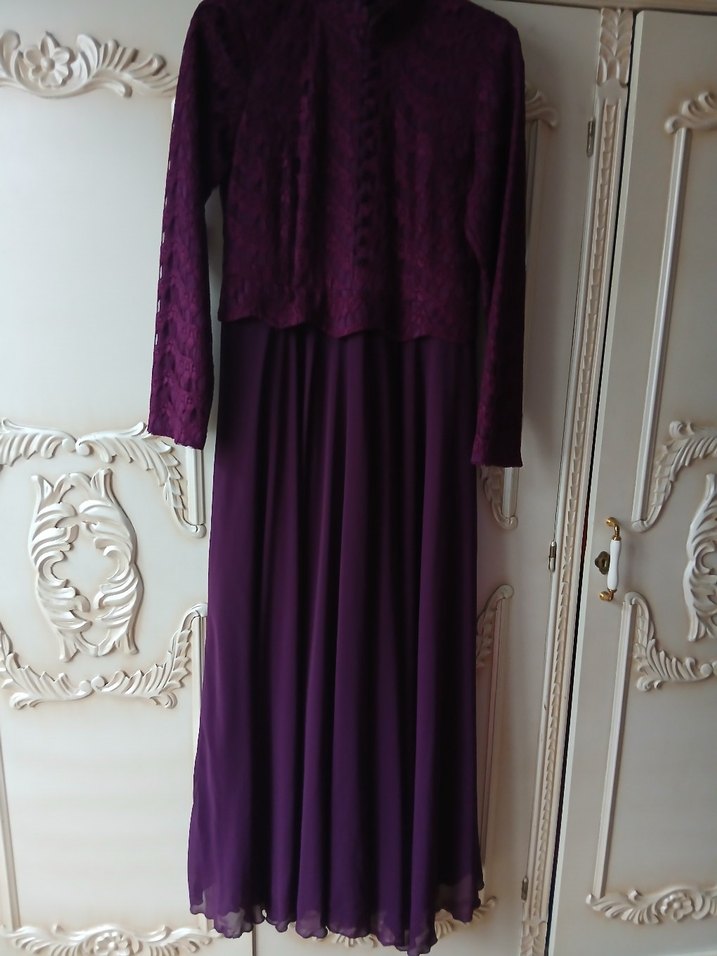 Mor Uzun Kollu Yüksek Yakalı Kadın Elbise - Görsel 2