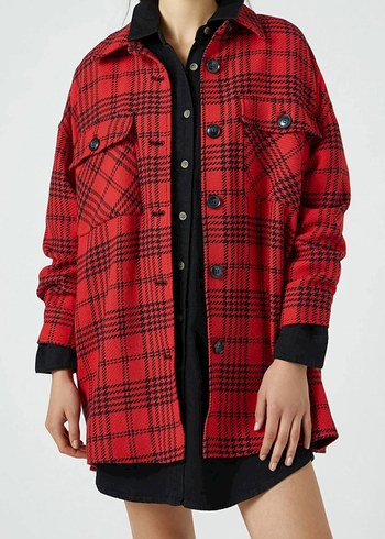 Pull and Bear Kırmızı Ekose Düğmeli uzun Kadın Ceket