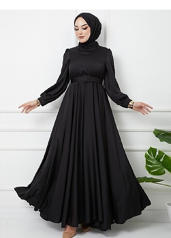 Siyah saten tesettür abiye elbise 
