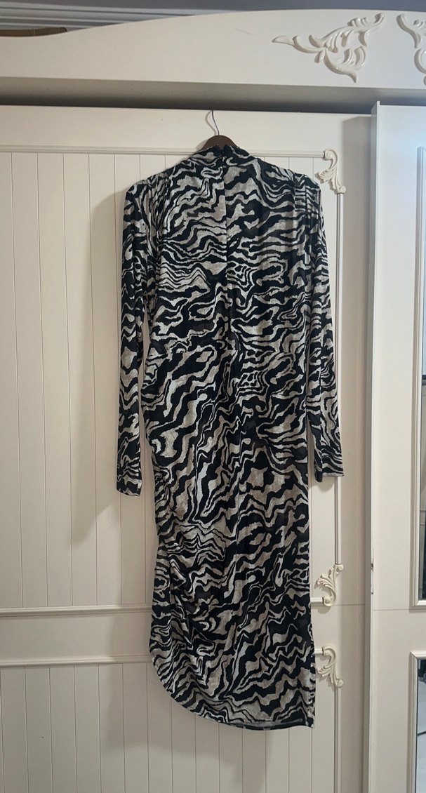 Uzun Kollu Zebra Desenli Drapeli Kadın Elbise - Görsel 5